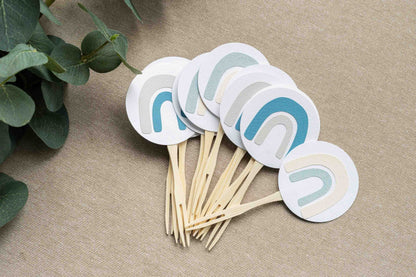 Boho Rainbow Muted Blue Cupcake Toppers