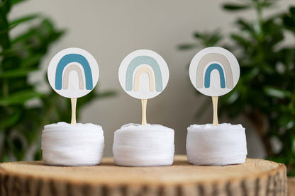 Boho Rainbow Muted Blue Cupcake Toppers