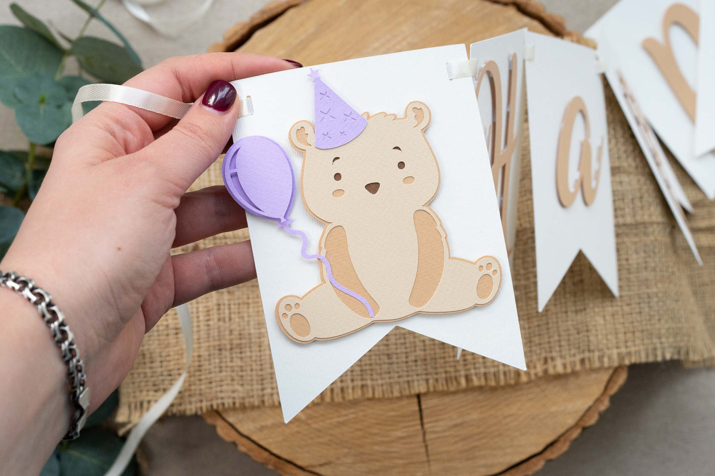 Teddy Bear Violet Happy Birthday Banner