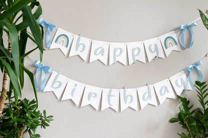 Boho Rainbow Muted Blue Happy Birthday Banner