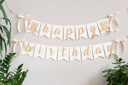 Teddy Bear Blush Pink Happy Birthday Banner