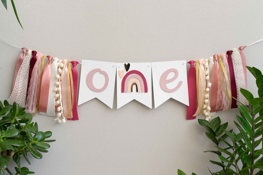 Rainbow Rose Gold and Berry High Chair Banner with Custom Age