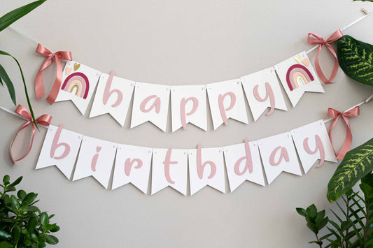 Rainbow Rose Gold and Berry Happy Birthday Banner